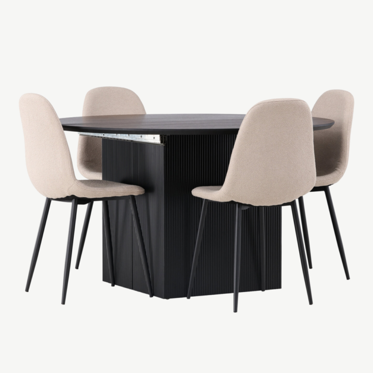 Ümmargune pikendatav söögilaud Matilda ja beežid buklee kattega toolid Polar (must, MDF, ø130cm) - GR23543