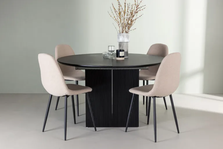 Ümmargune pikendatav söögilaud Matilda ja beežid buklee kattega toolid Polar (must, MDF, ø130cm) - GR23543