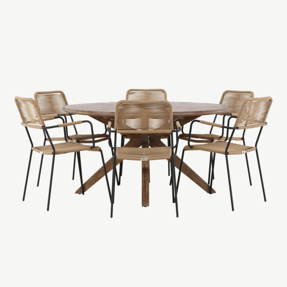 Ümmargune pruun akaatsiapuidust aialaua ja köiest toolidega söögikomplekt Rosario (6 kohta), GR24334 – 2