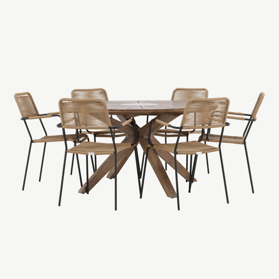 Ümmargune pruun akaatsiapuidust aialaua ja köiest toolidega söögikomplekt Rosario (6 kohta), GR24334 – 6