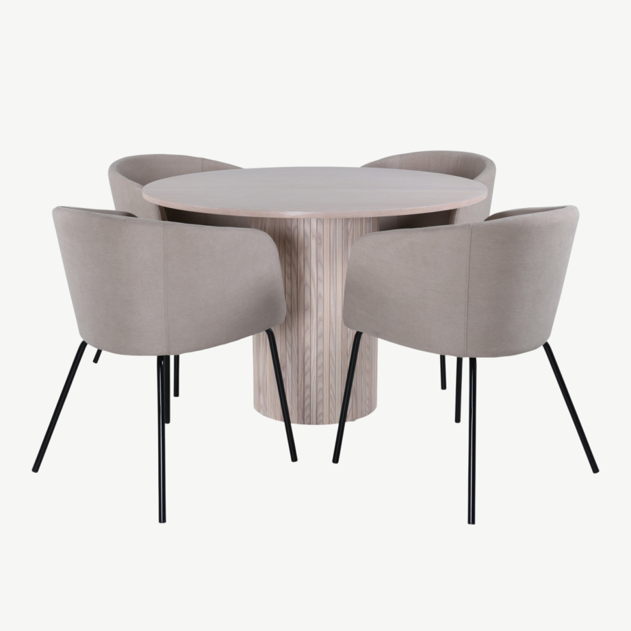 Ümmargune söögikomplekt Bianca – valge peitsiga laud ja beežid Berit toolid, GR22205