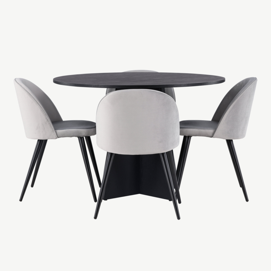 Ümmargune söögikomplekt Bootcut – must laud ja hallid velvettoolid, GR22869 – 2
