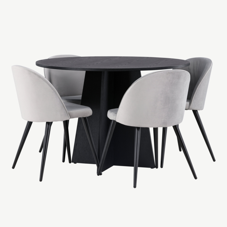 Ümmargune söögikomplekt Bootcut – must laud ja hallid velvettoolid, GR22869 – 6