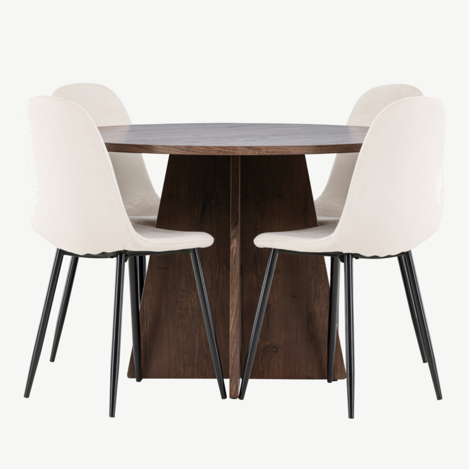 Ümmargune söögikomplekt Bootcut laud ja 4 Polar tooli (mokkas MDF, beež samet), GR24397 – 2