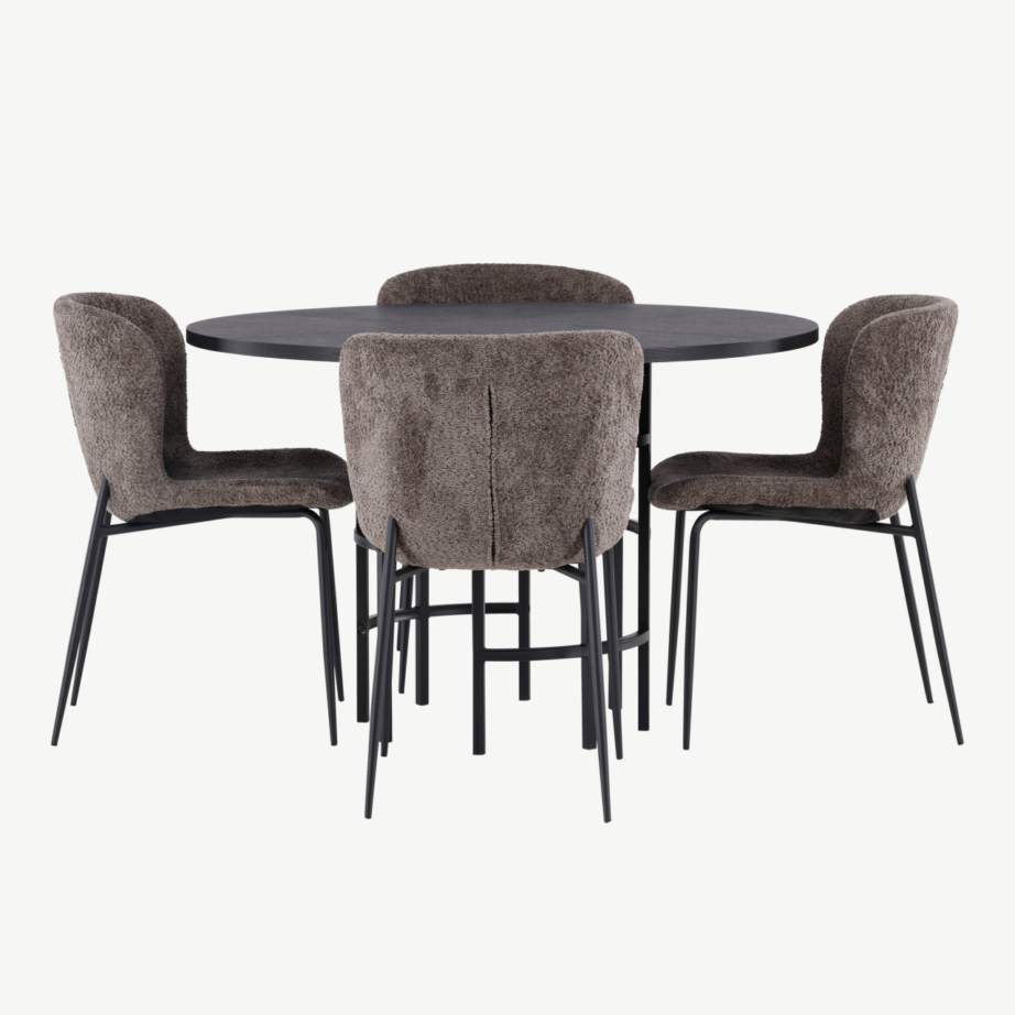 Ümmargune söögikomplekt Copenhagen – must MDF laud ja buklee kangaga tumehallid toolid, GR23220 – 2