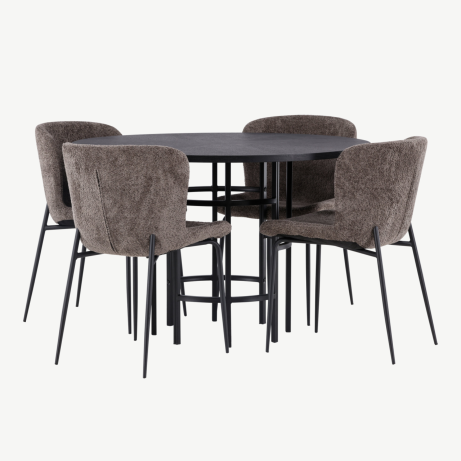 Ümmargune söögikomplekt Copenhagen – must MDF laud ja buklee kangaga tumehallid toolid, GR23220 – 3