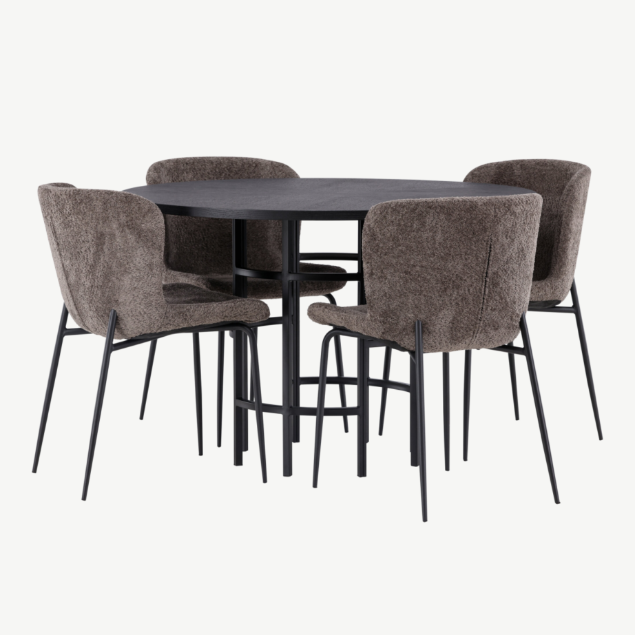 Ümmargune söögikomplekt Copenhagen – must MDF laud ja buklee kangaga tumehallid toolid, GR23220 – 4