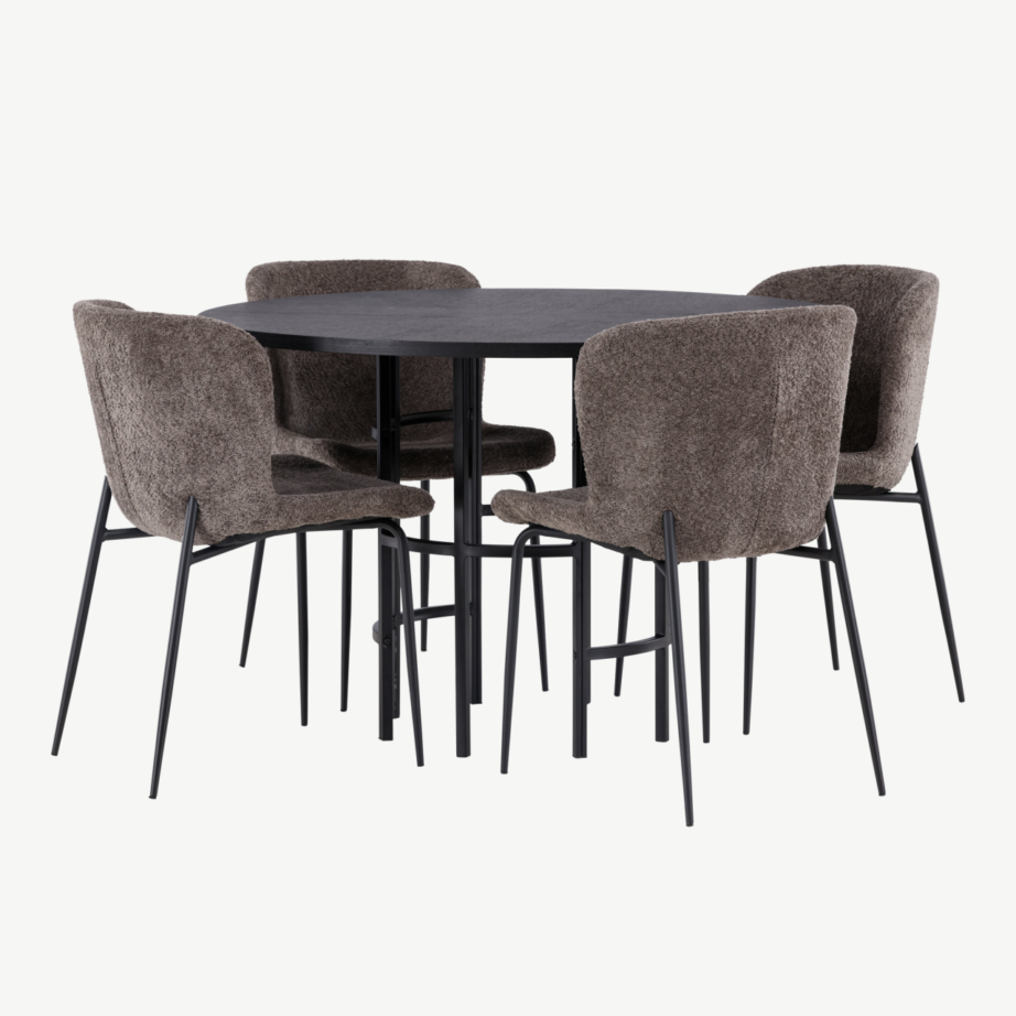 Ümmargune söögikomplekt Copenhagen – must MDF laud ja buklee kangaga tumehallid toolid, GR23220 – 6