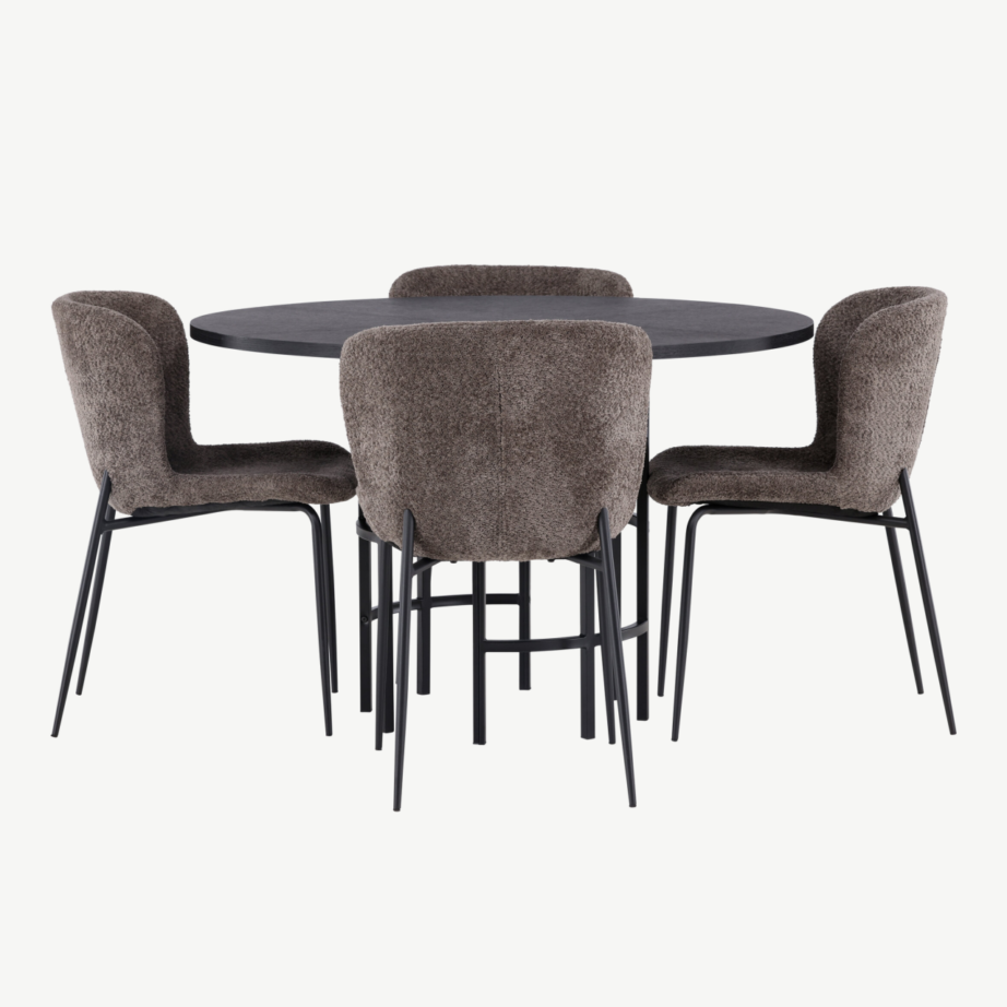 Ümmargune söögikomplekt Copenhagen – must MDF laud ja buklee kangaga tumehallid toolid, GR23220 – 7