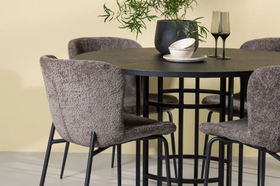 Ümmargune söögikomplekt Copenhagen – must MDF laud ja buklee kangaga tumehallid toolid, GR23220 – 9