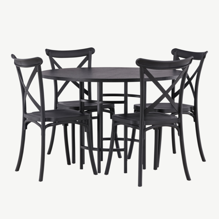 Ümmargune söögikomplekt Copenhagen (must MDF laud, 4 musta plastiktooli) - GR23213