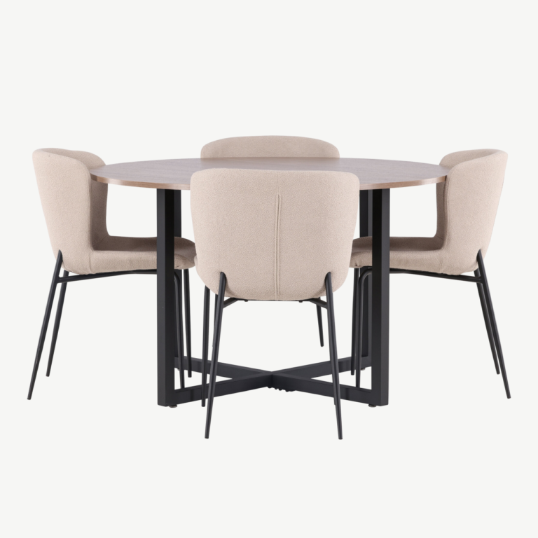 Ümmargune söögikomplekt Durango – pähkli tooni MDF lauaplaat ja beežid bukleetoolid, mustad metalljalad, ø120 cm - GR23159