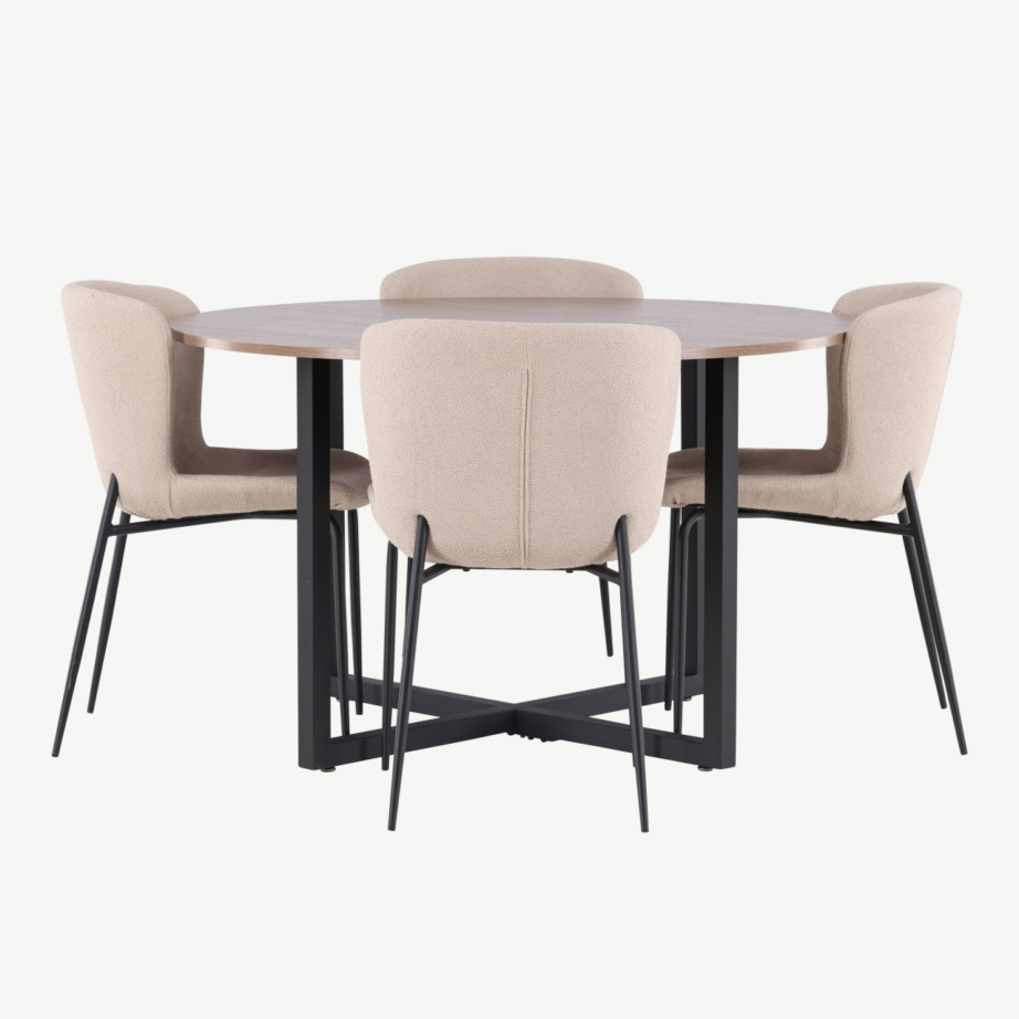 Ümmargune söögikomplekt Durango – pähkli tooni MDF lauaplaat ja beežid bukleetoolid, mustad metalljalad, ø120 cm, GR23159 – 2