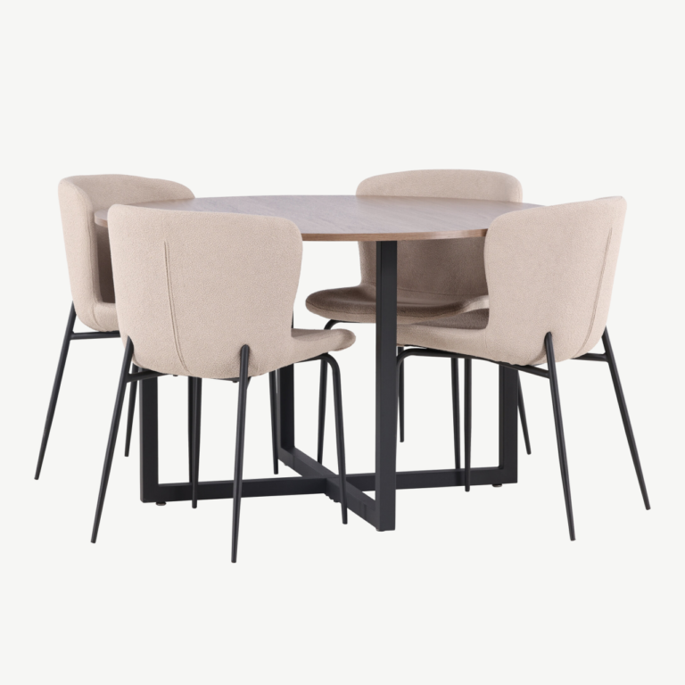 Ümmargune söögikomplekt Durango – pähkli tooni MDF lauaplaat ja beežid bukleetoolid, mustad metalljalad, ø120 cm - GR23159