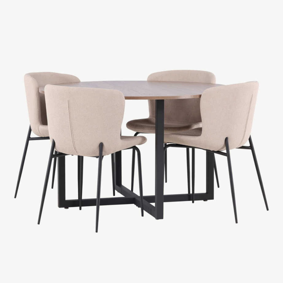 Ümmargune söögikomplekt Durango – pähkli tooni MDF lauaplaat ja beežid bukleetoolid, mustad metalljalad, ø120 cm, GR23159 – 3