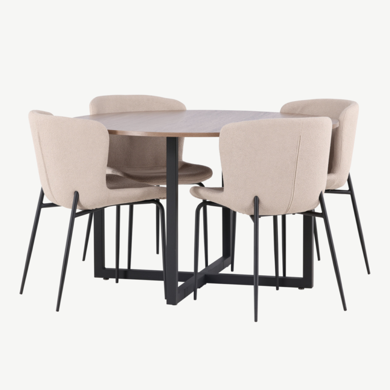 Ümmargune söögikomplekt Durango – pähkli tooni MDF lauaplaat ja beežid bukleetoolid, mustad metalljalad, ø120 cm - GR23159