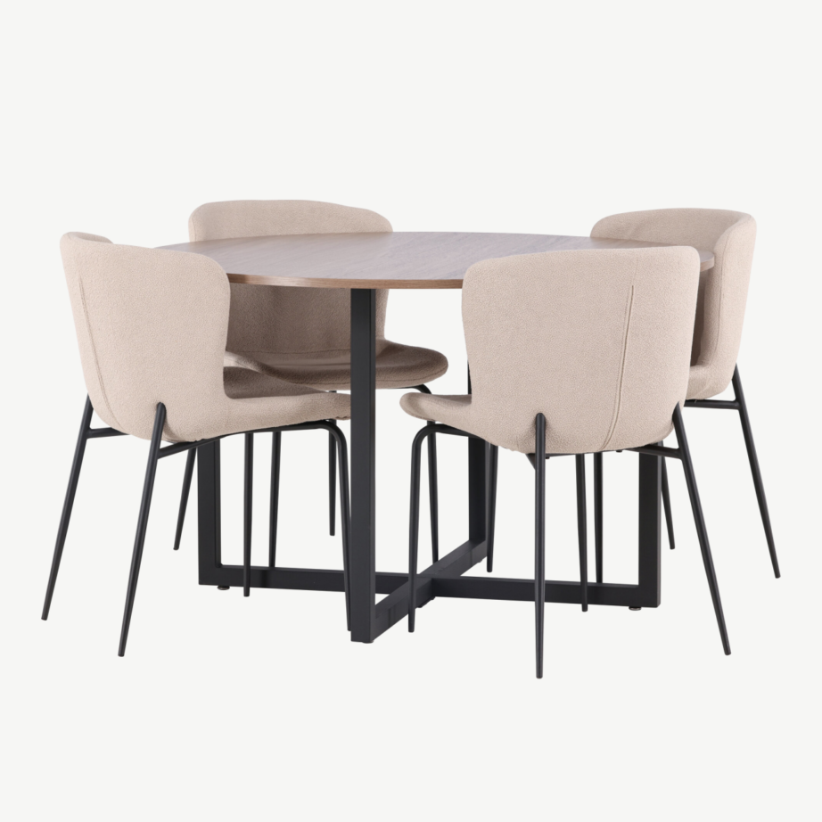 Ümmargune söögikomplekt Durango – pähkli tooni MDF lauaplaat ja beežid bukleetoolid, mustad metalljalad, ø120 cm, GR23159 – 4