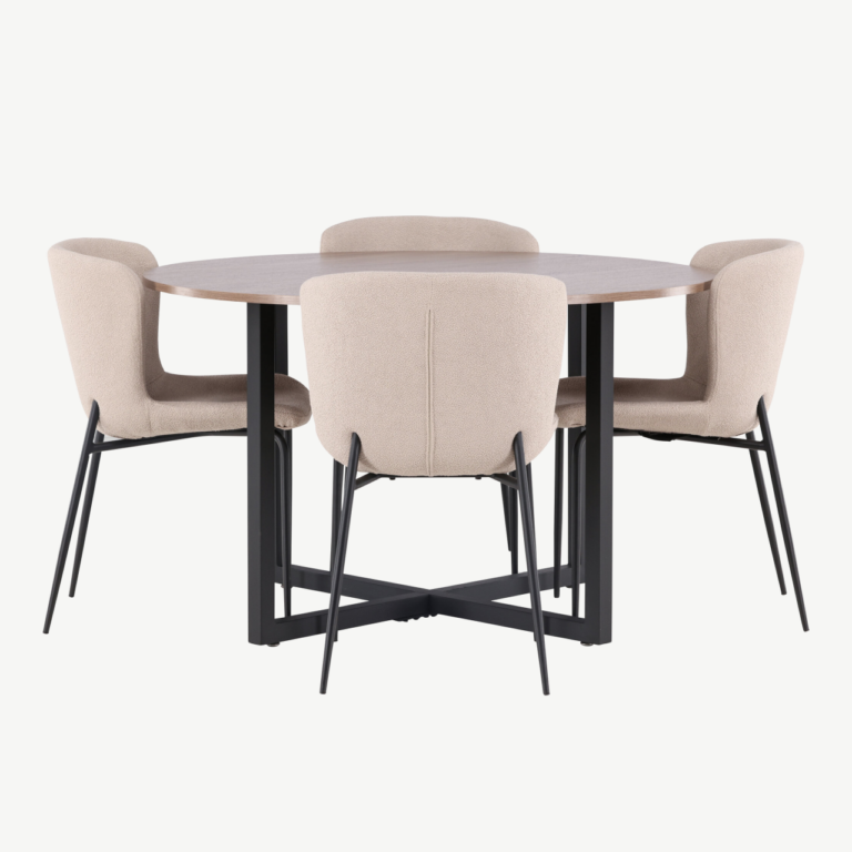 Ümmargune söögikomplekt Durango – pähkli tooni MDF lauaplaat ja beežid bukleetoolid, mustad metalljalad, ø120 cm - GR23159