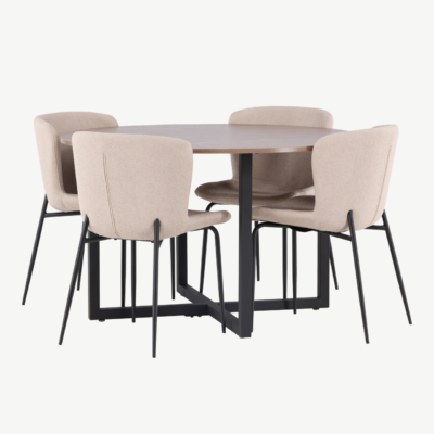 Ümmargune söögikomplekt Durango – pähkli tooni MDF lauaplaat ja beežid bukleetoolid, mustad metalljalad, ø120 cm - GR23159