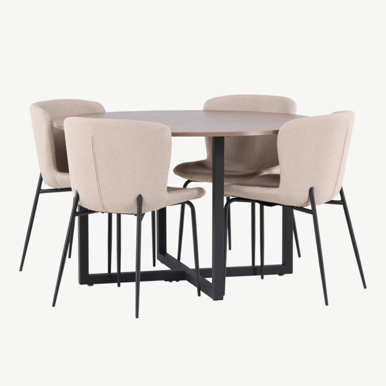 Ümmargune söögikomplekt Durango – pähkli tooni MDF lauaplaat ja beežid bukleetoolid, mustad metalljalad, ø120 cm - GR23159