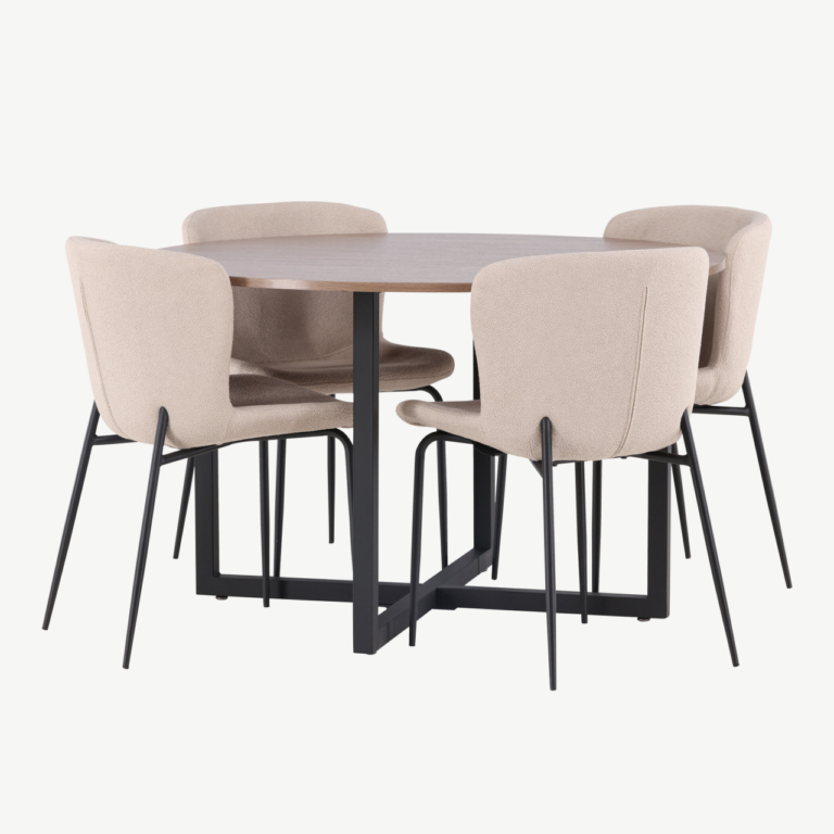Ümmargune söögikomplekt Durango – pähkli tooni MDF lauaplaat ja beežid bukleetoolid, mustad metalljalad, ø120 cm - GR23159