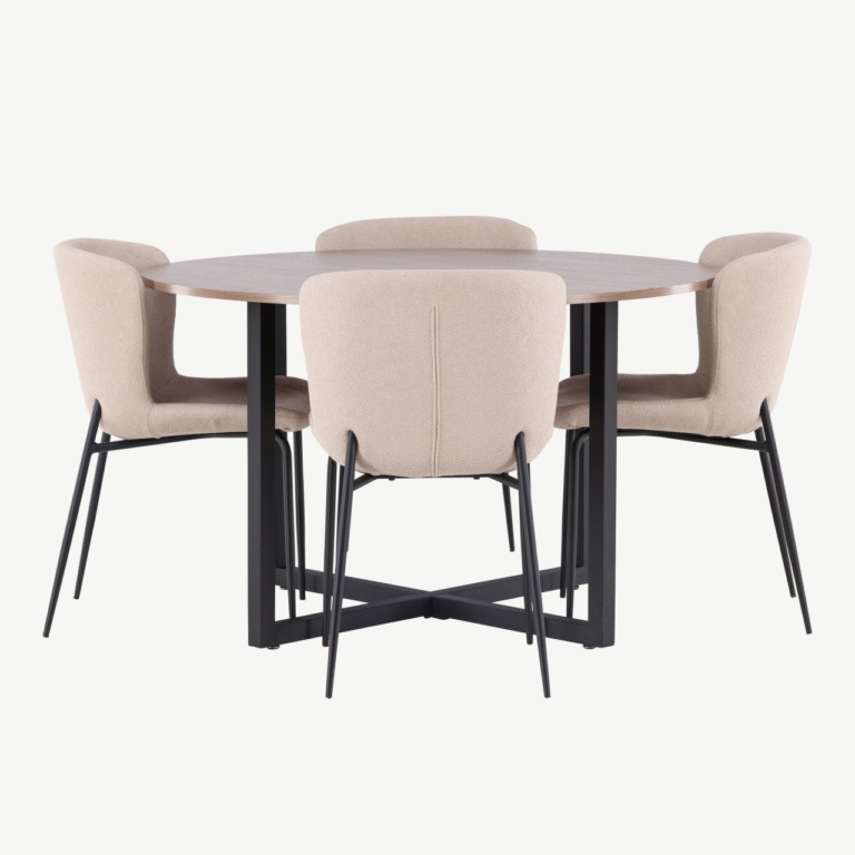Ümmargune söögikomplekt Durango – pähkli tooni MDF lauaplaat ja beežid bukleetoolid, mustad metalljalad, ø120 cm - GR23159