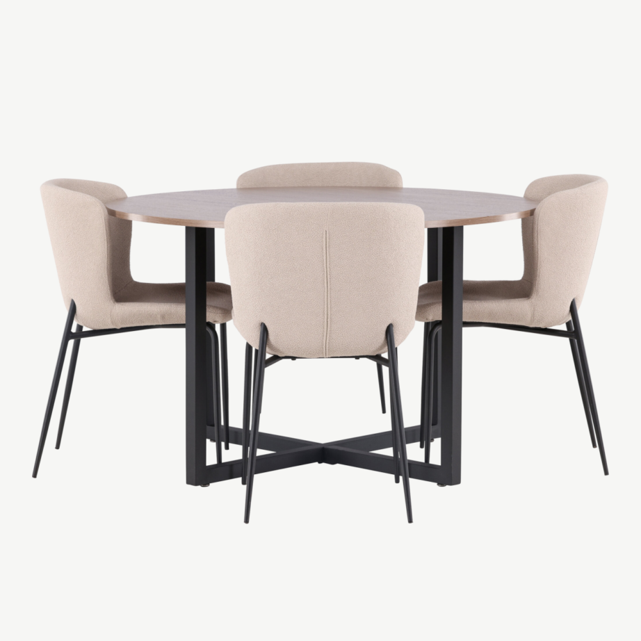 Ümmargune söögikomplekt Durango – pähkli tooni MDF lauaplaat ja beežid bukleetoolid, mustad metalljalad, ø120 cm, GR23159 – 7