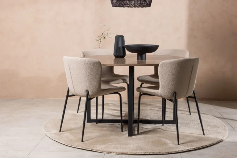 Ümmargune söögikomplekt Durango – pähkli tooni MDF lauaplaat ja beežid bukleetoolid, mustad metalljalad, ø120 cm - GR23159