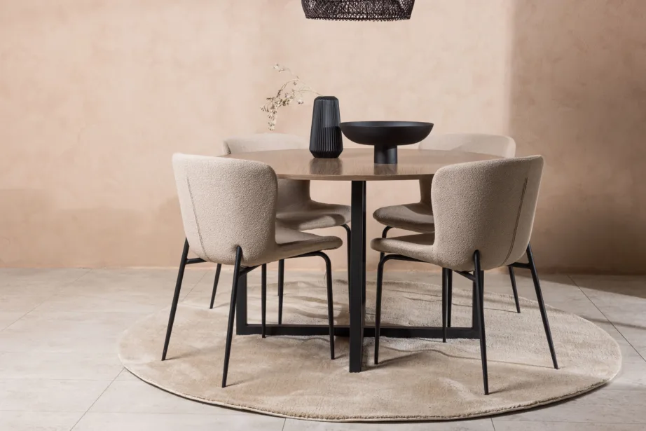 Ümmargune söögikomplekt Durango – pähkli tooni MDF lauaplaat ja beežid bukleetoolid, mustad metalljalad, ø120 cm, GR23159 – 8