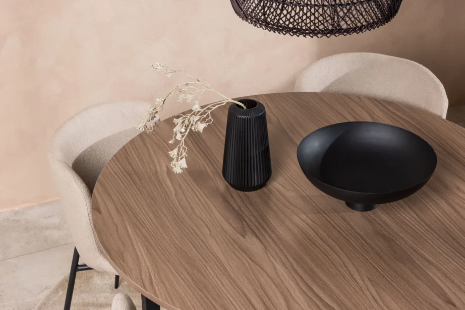 Ümmargune söögikomplekt Durango – pähkli tooni MDF lauaplaat ja beežid bukleetoolid, mustad metalljalad, ø120 cm, GR23159 – 10