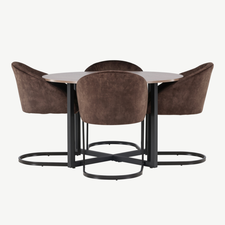 Ümmargune söögikomplekt Durango (pähklitooni MDF laud, pruunid polsterdatud Evening toolid, must metallraam) - GR23932