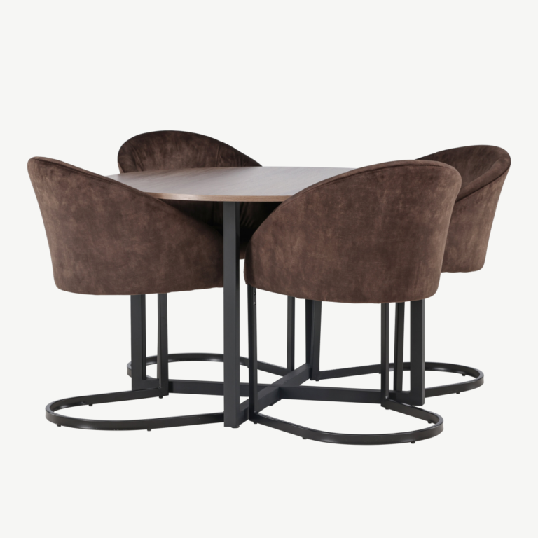 Ümmargune söögikomplekt Durango (pähklitooni MDF laud, pruunid polsterdatud Evening toolid, must metallraam) - GR23932