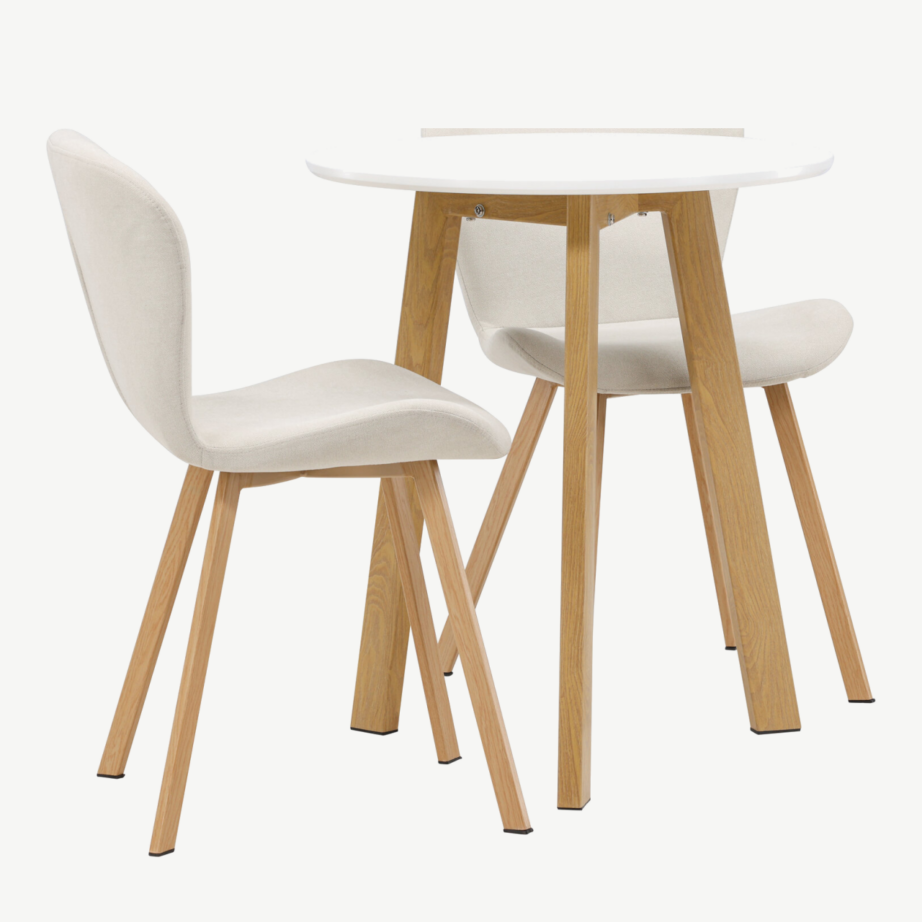 Ümmargune söögikomplekt Leonora laud ja Lilja toolid (valge MDF, beež polüester, ø65cm), GR23503 – 3