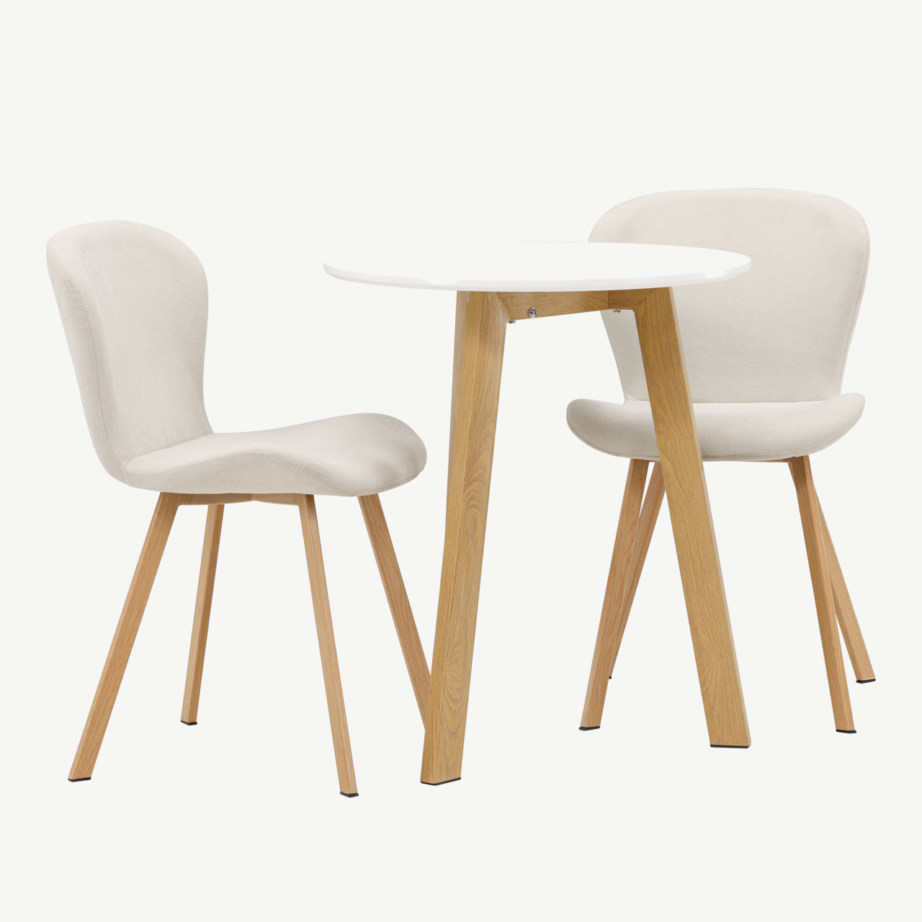 Ümmargune söögikomplekt Leonora laud ja Lilja toolid (valge MDF, beež polüester, ø65cm), GR23503 – 4
