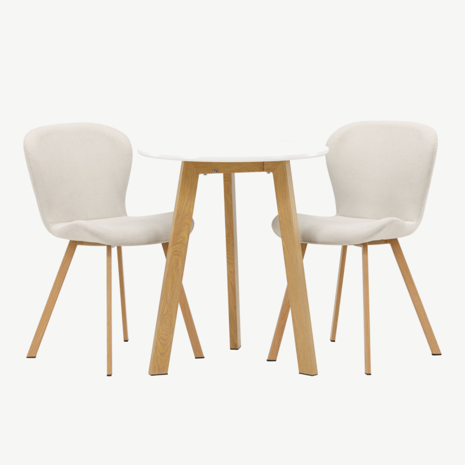 Ümmargune söögikomplekt Leonora laud ja Lilja toolid (valge MDF, beež polüester, ø65cm), GR23503 – 5