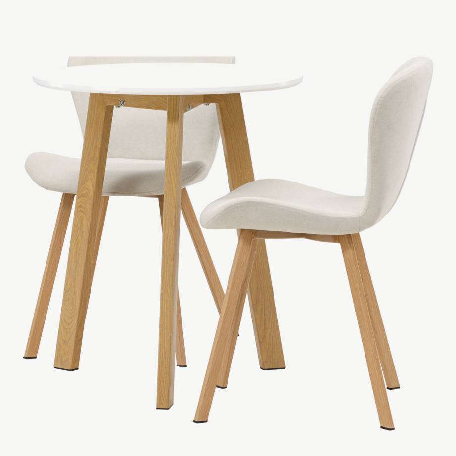 Ümmargune söögikomplekt Leonora laud ja Lilja toolid (valge MDF, beež polüester, ø65cm), GR23503 – 6
