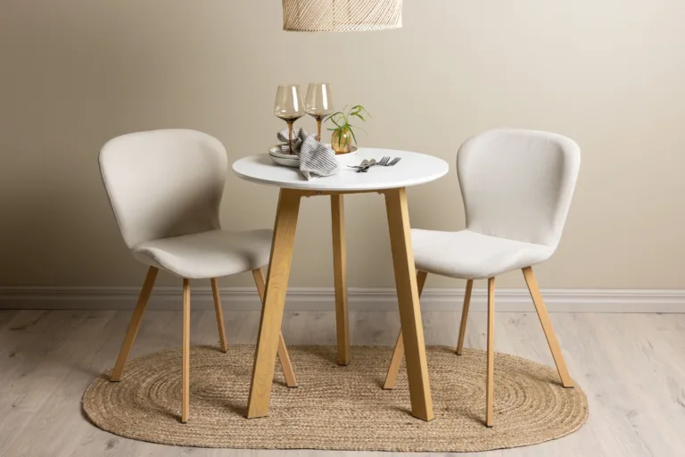 Ümmargune söögikomplekt Leonora laud ja Lilja toolid (valge MDF, beež polüester, ø65cm) - GR23503