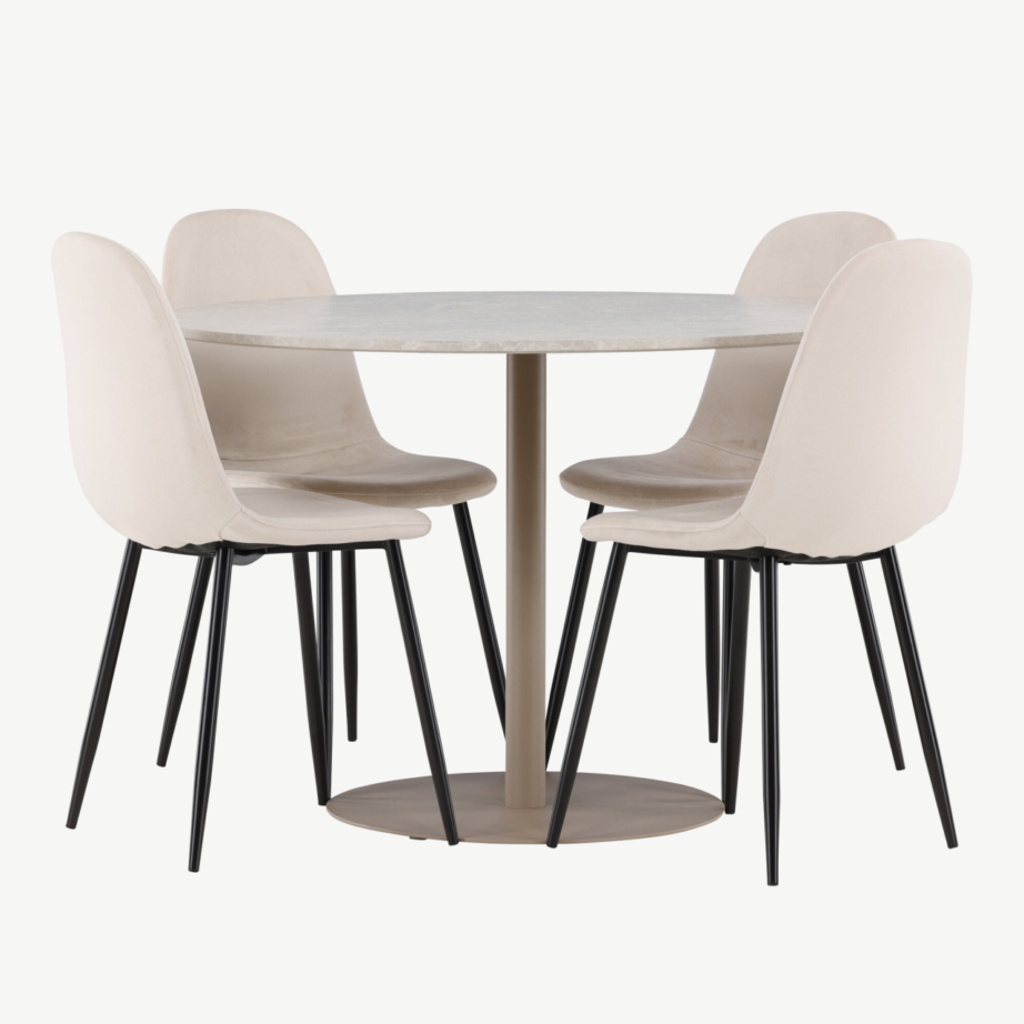 Ümmargune söögikomplekt Lycke laud ja 4 beeži velvetkattega Polar tooli (MDF, ø110 cm), GR24387 – 2