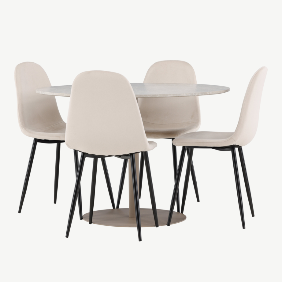 Ümmargune söögikomplekt Lycke laud ja 4 beeži velvetkattega Polar tooli (MDF, ø110 cm), GR24387 – 4