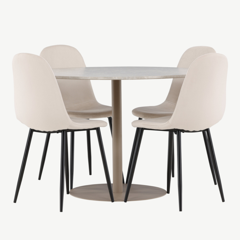 Ümmargune söögikomplekt Lycke laud ja 4 beeži velvetkattega Polar tooli (MDF, ø110 cm) - GR24387