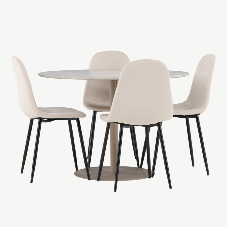 Ümmargune söögikomplekt Lycke laud ja 4 beeži velvetkattega Polar tooli (MDF, ø110 cm), GR24387