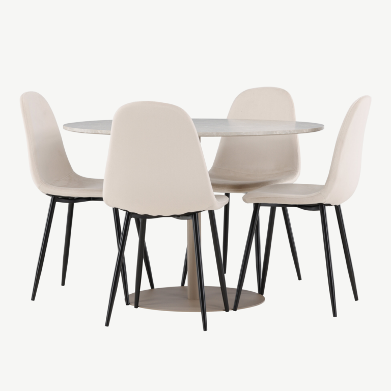 Ümmargune söögikomplekt Lycke laud ja 4 beeži velvetkattega Polar tooli (MDF, ø110 cm) - GR24387