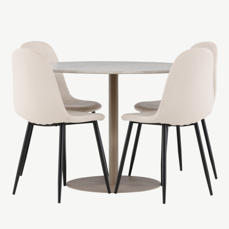 Ümmargune söögikomplekt Lycke laud ja 4 beeži velvetkattega Polar tooli (MDF, ø110 cm) - GR24387