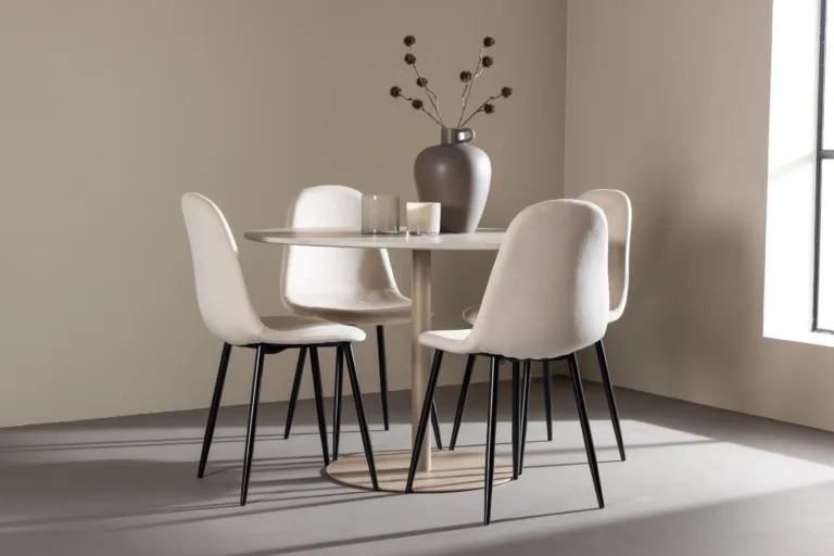 Ümmargune söögikomplekt Lycke laud ja 4 beeži velvetkattega Polar tooli (MDF, ø110 cm) - GR24387