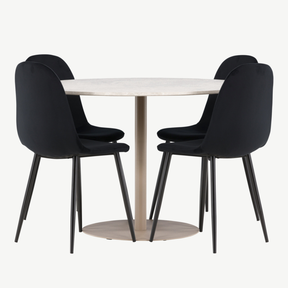 Ümmargune söögikomplekt Lycke laud ja Polar velvettoolid (beež laud, mustad toolid, ø110 cm), GR24386 – 2