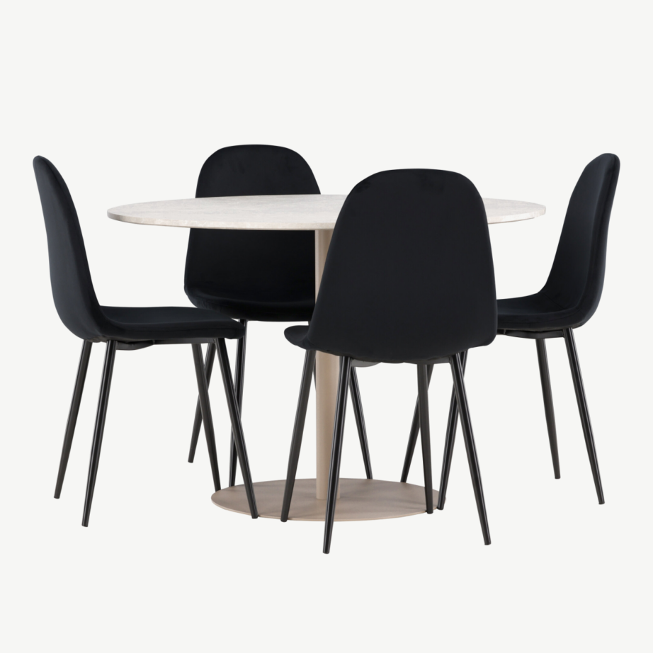 Ümmargune söögikomplekt Lycke laud ja Polar velvettoolid (beež laud, mustad toolid, ø110 cm), GR24386 – 3