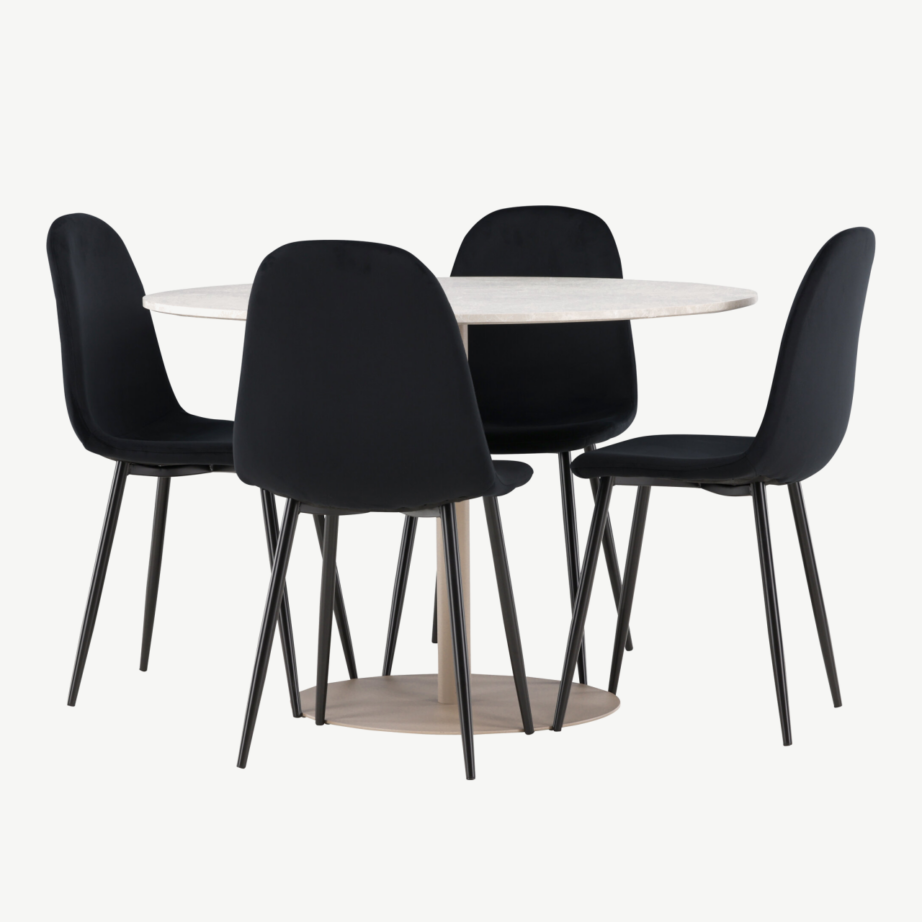 Ümmargune söögikomplekt Lycke laud ja Polar velvettoolid (beež laud, mustad toolid, ø110 cm), GR24386 – 4