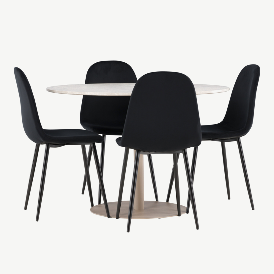 Ümmargune söögikomplekt Lycke laud ja Polar velvettoolid (beež laud, mustad toolid, ø110 cm), GR24386