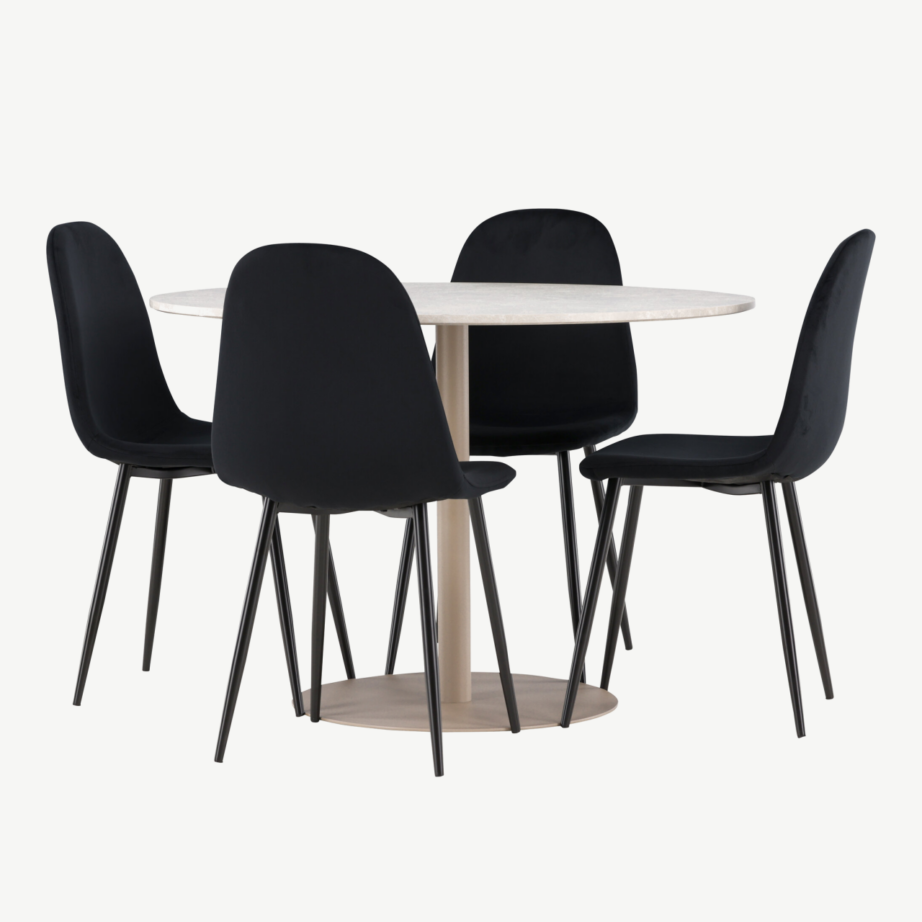 Ümmargune söögikomplekt Lycke laud ja Polar velvettoolid (beež laud, mustad toolid, ø110 cm), GR24386 – 6