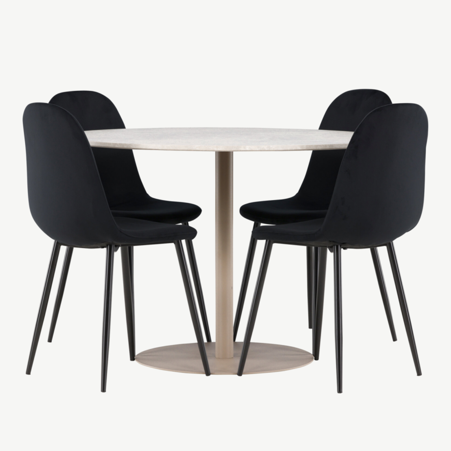 Ümmargune söögikomplekt Lycke laud ja Polar velvettoolid (beež laud, mustad toolid, ø110 cm), GR24386 – 7